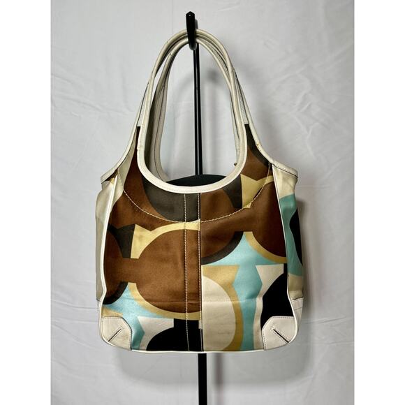 Coach Tote Bag Multicolor Satin Leather Trim Size Large - Picture 3 of 10